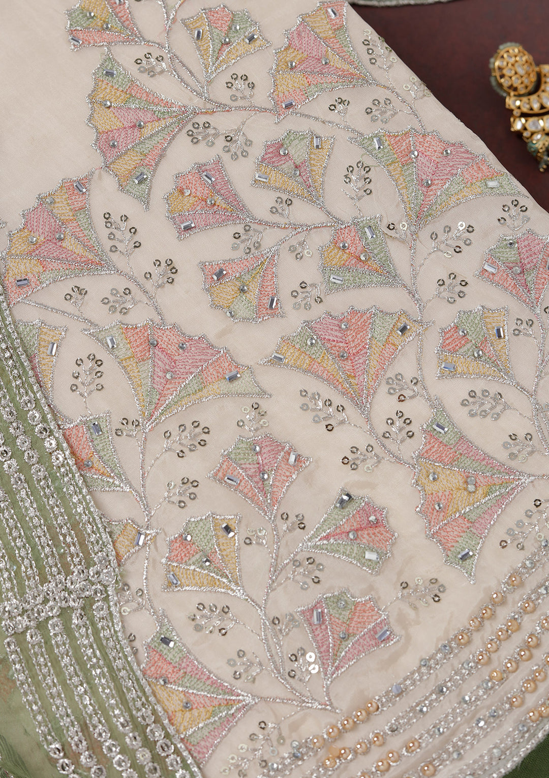 Beige Mehendi Green Organza Silver Zariwork Unstitched Dress Material With Matching Bottom And Dupatta