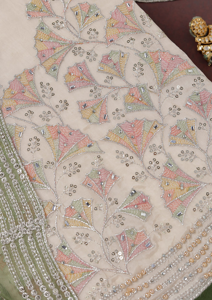 Beige Mehendi Green Organza Silver Zariwork Unstitched Dress Material With Matching Bottom And Dupatta