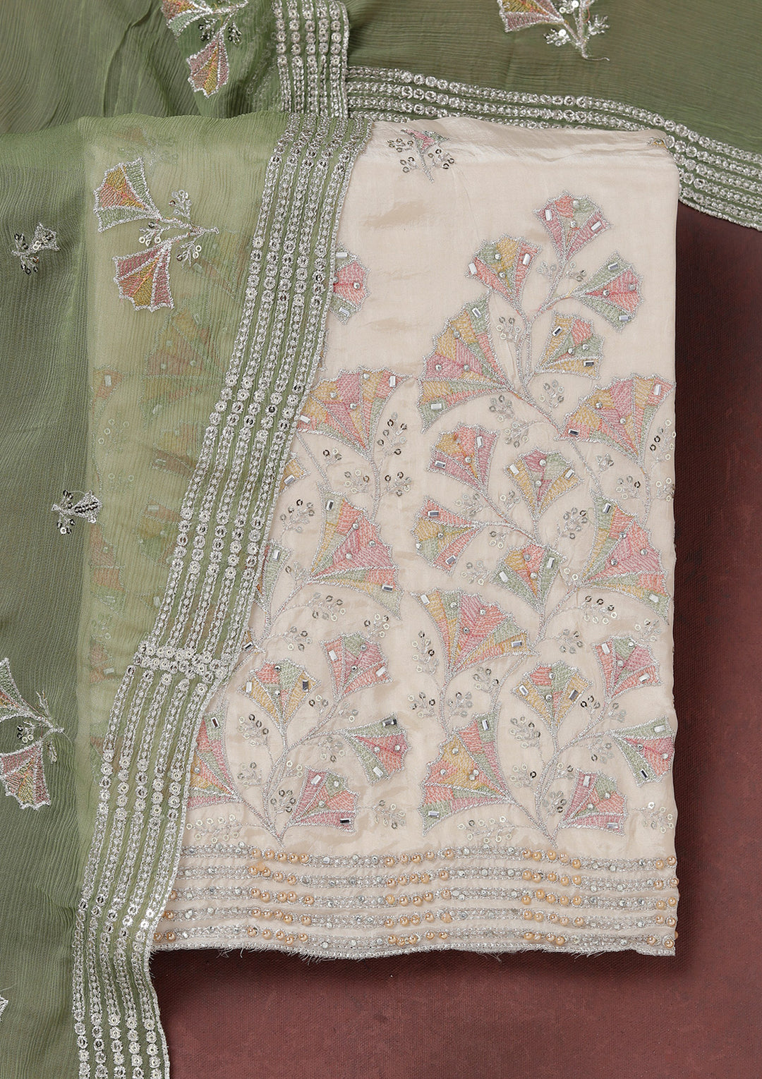 Beige Mehendi Green Organza Silver Zariwork Unstitched Dress Material With Matching Bottom And Dupatta