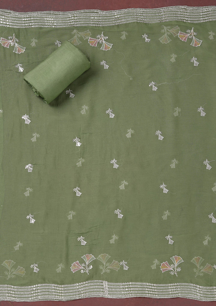 Beige Mehendi Green Organza Silver Zariwork Unstitched Dress Material With Matching Bottom And Dupatta