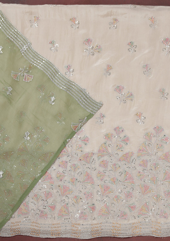 Beige Mehendi Green Organza Silver Zariwork Unstitched Dress Material With Matching Bottom And Dupatta