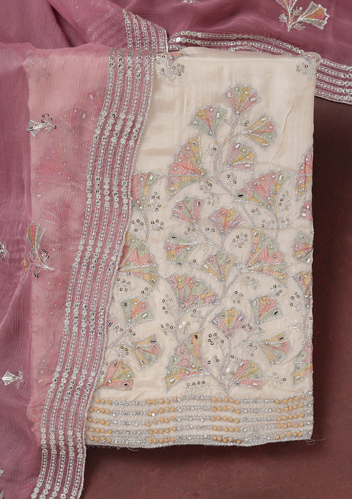 Beige Zariwork (Silver) Organza Unstitched Salwar Suit
