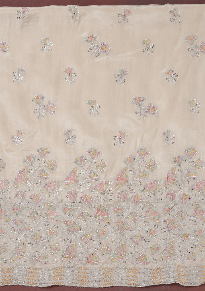 Beige Zariwork (Silver) Organza Unstitched Salwar Suit