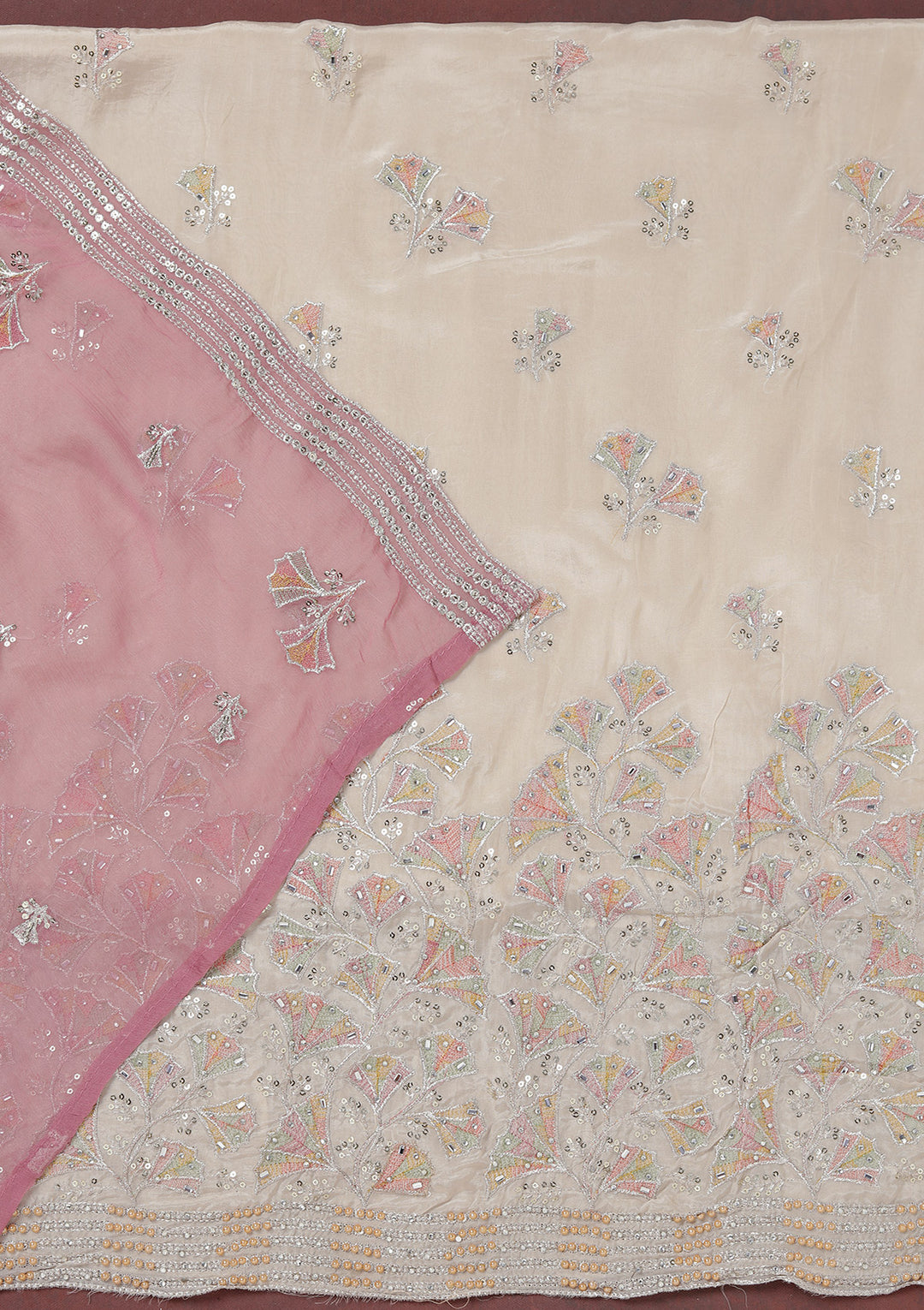 Beige Zariwork (Silver) Organza Unstitched Salwar Suit