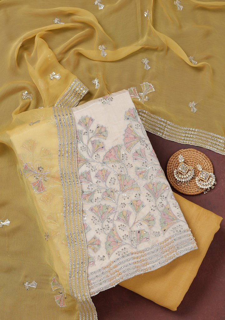 Beige Yellow Organza Silver Zariwork Unstitched Dress Material With Matching Bottom And Dupatta