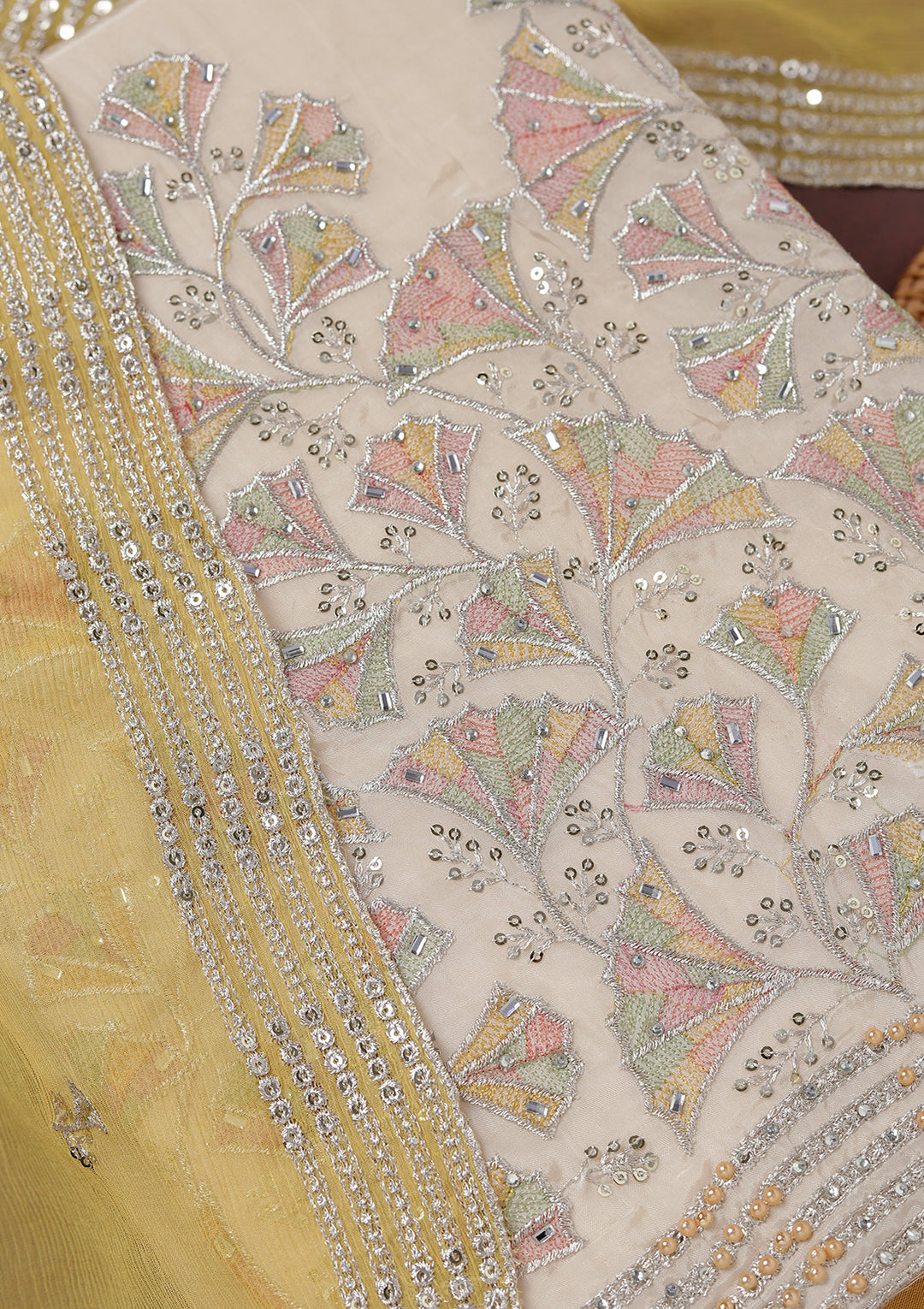 Beige Yellow Organza Silver Zariwork Unstitched Dress Material With Matching Bottom And Dupatta