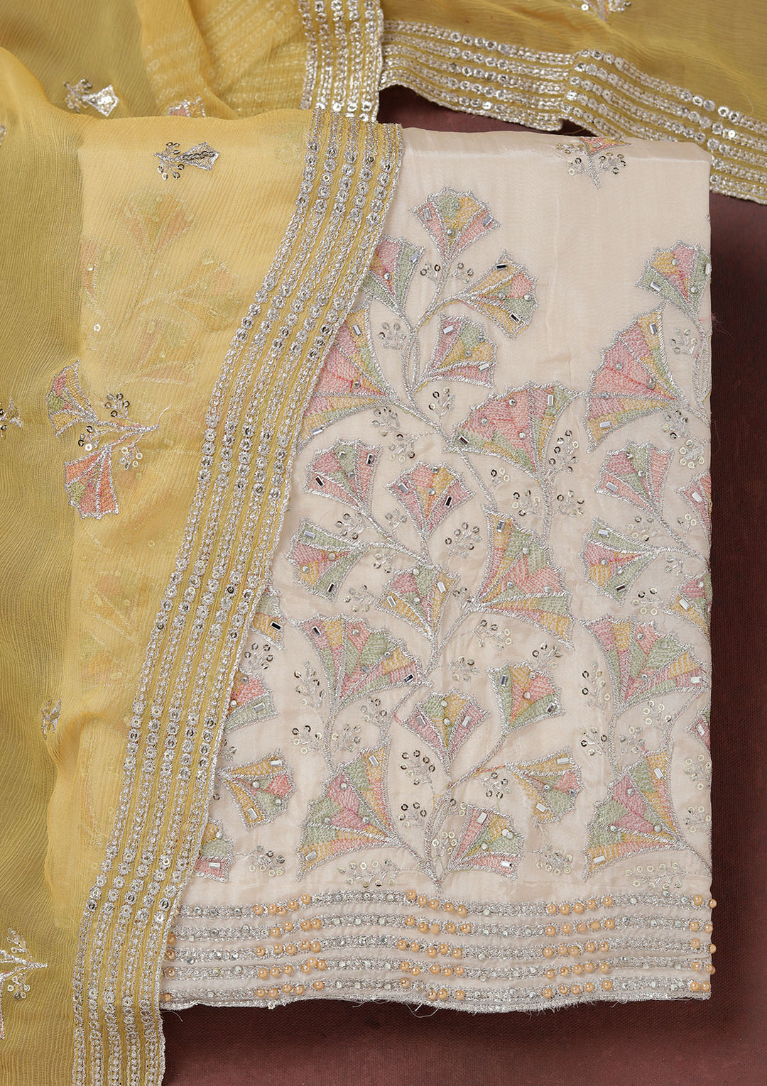 Beige Yellow Organza Silver Zariwork Unstitched Dress Material With Matching Bottom And Dupatta