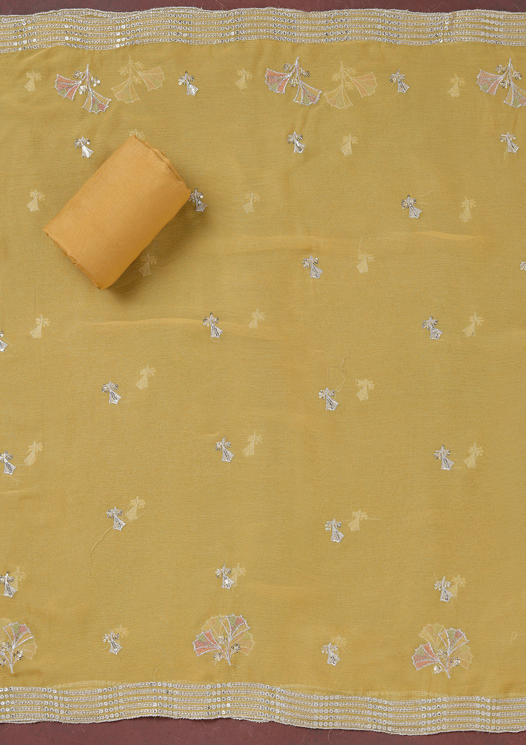 Beige Yellow Organza Silver Zariwork Unstitched Dress Material With Matching Bottom And Dupatta