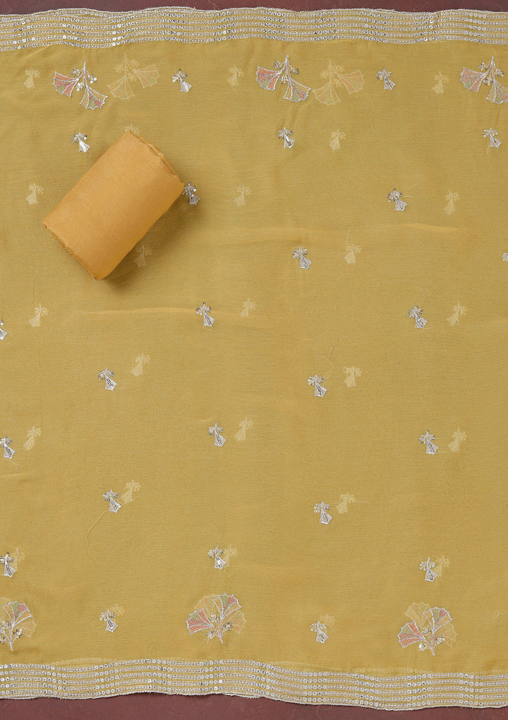 Beige Yellow Organza Silver Zariwork Unstitched Dress Material With Matching Bottom And Dupatta