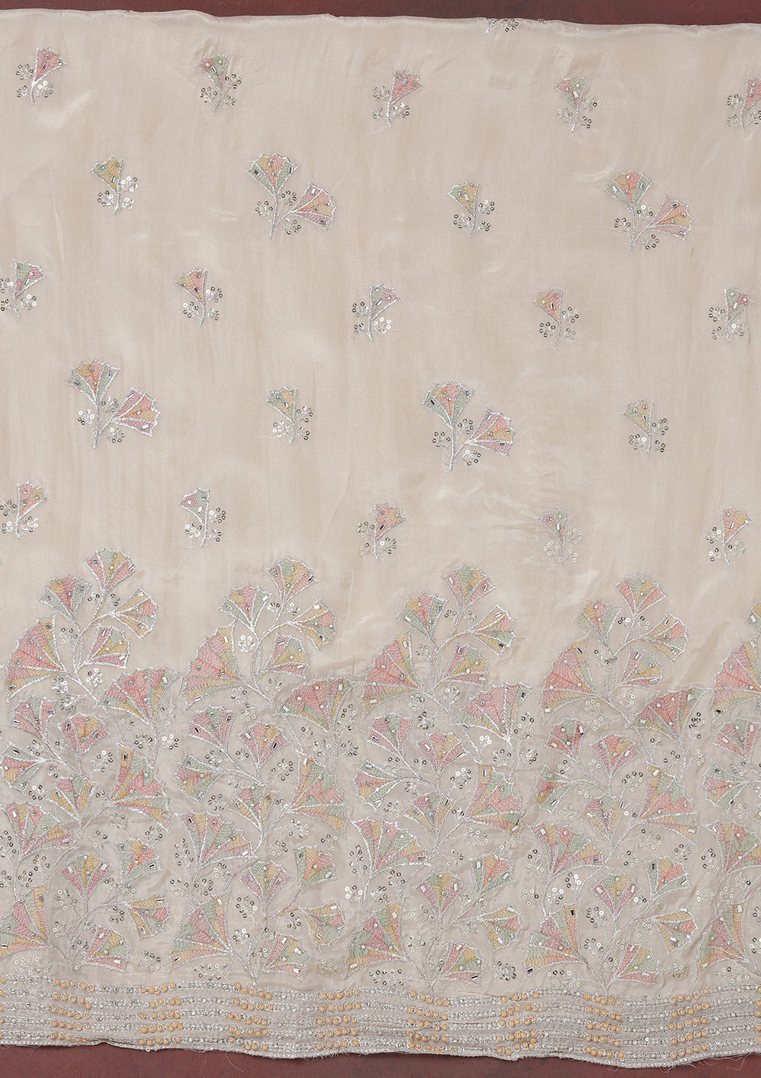 Beige Yellow Organza Silver Zariwork Unstitched Dress Material With Matching Bottom And Dupatta