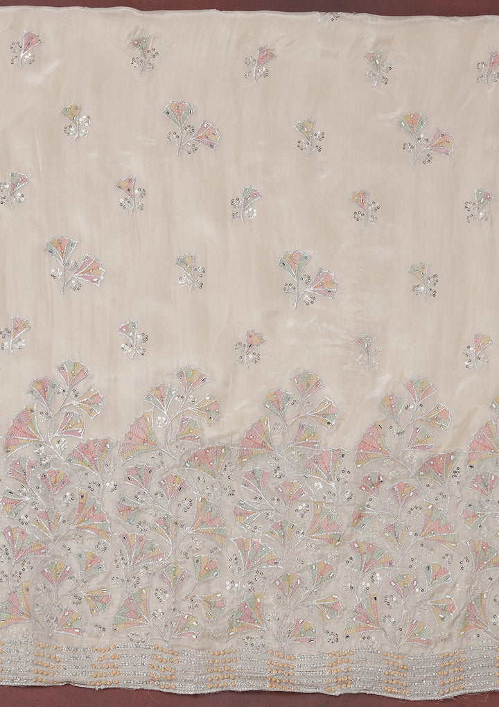 Beige Yellow Organza Silver Zariwork Unstitched Dress Material With Matching Bottom And Dupatta