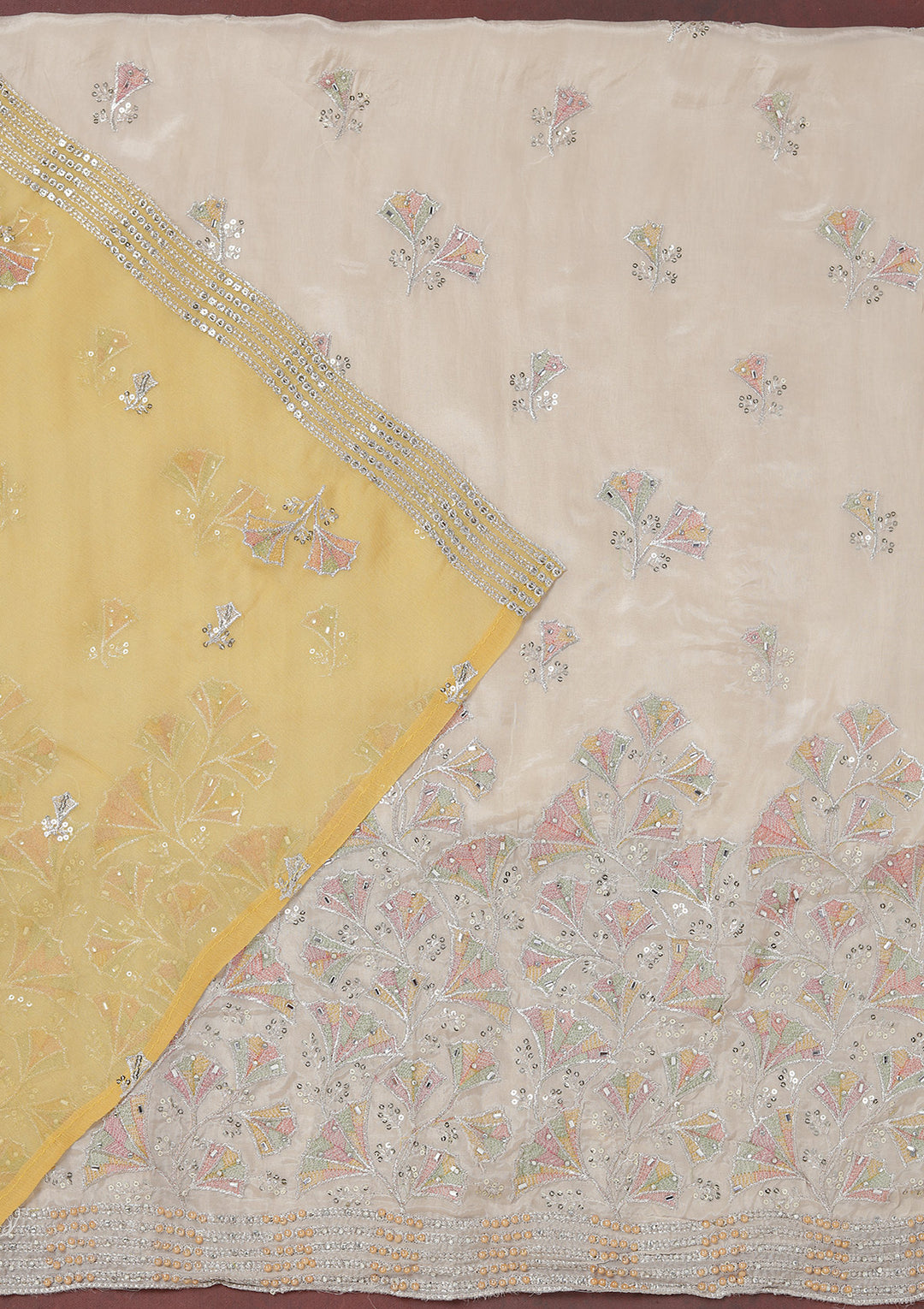 Beige Yellow Organza Silver Zariwork Unstitched Dress Material With Matching Bottom And Dupatta