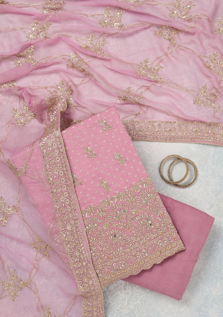 Lavender Chinon Gold Zariwork Unstitched Dress Material With Matching Bottom And Dupatta