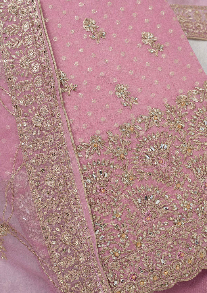 Lavender Chinon Gold Zariwork Unstitched Dress Material With Matching Bottom And Dupatta