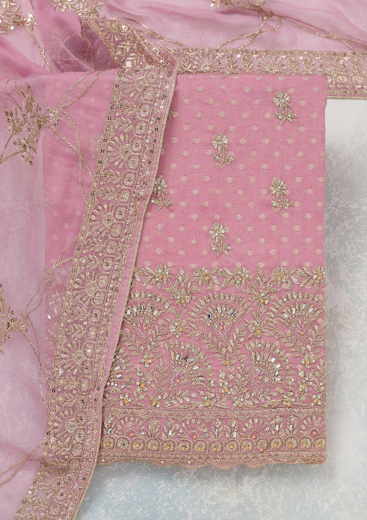Lavender Chinon Gold Zariwork Unstitched Dress Material With Matching Bottom And Dupatta