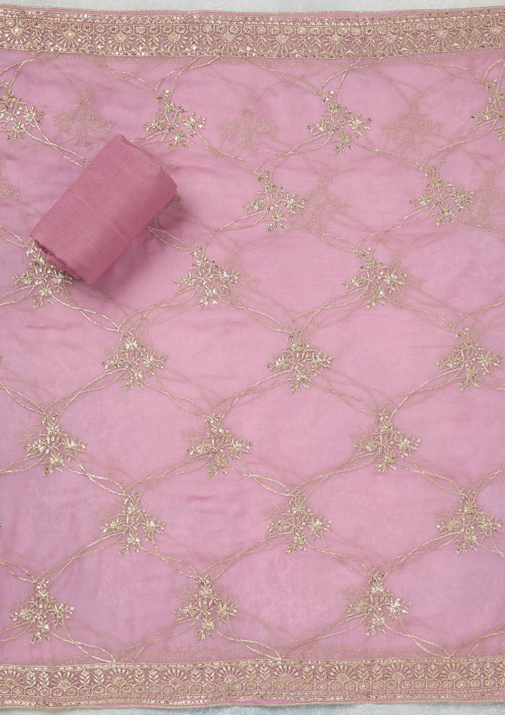 Lavender Chinon Gold Zariwork Unstitched Dress Material With Matching Bottom And Dupatta