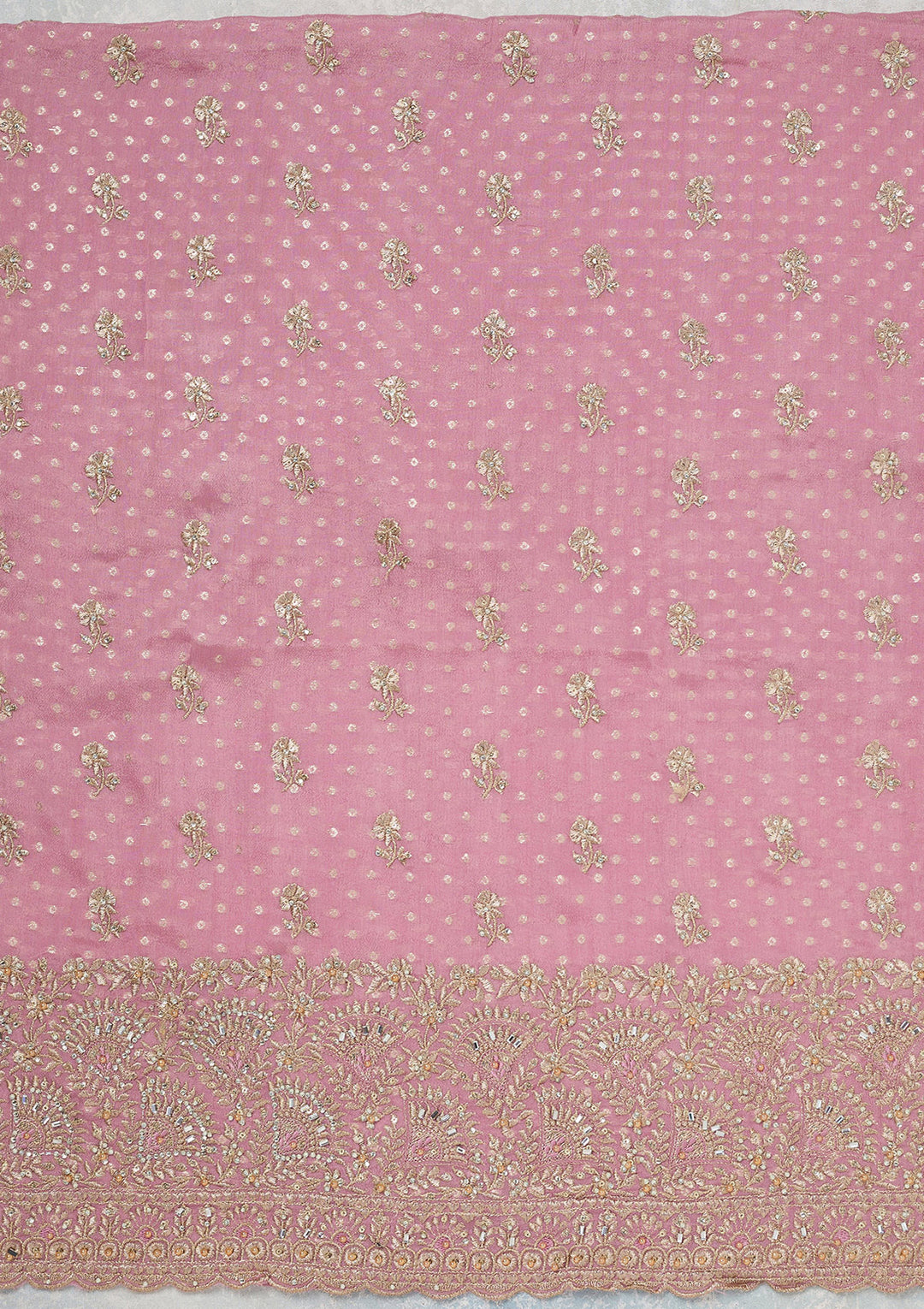 Lavender Chinon Gold Zariwork Unstitched Dress Material With Matching Bottom And Dupatta