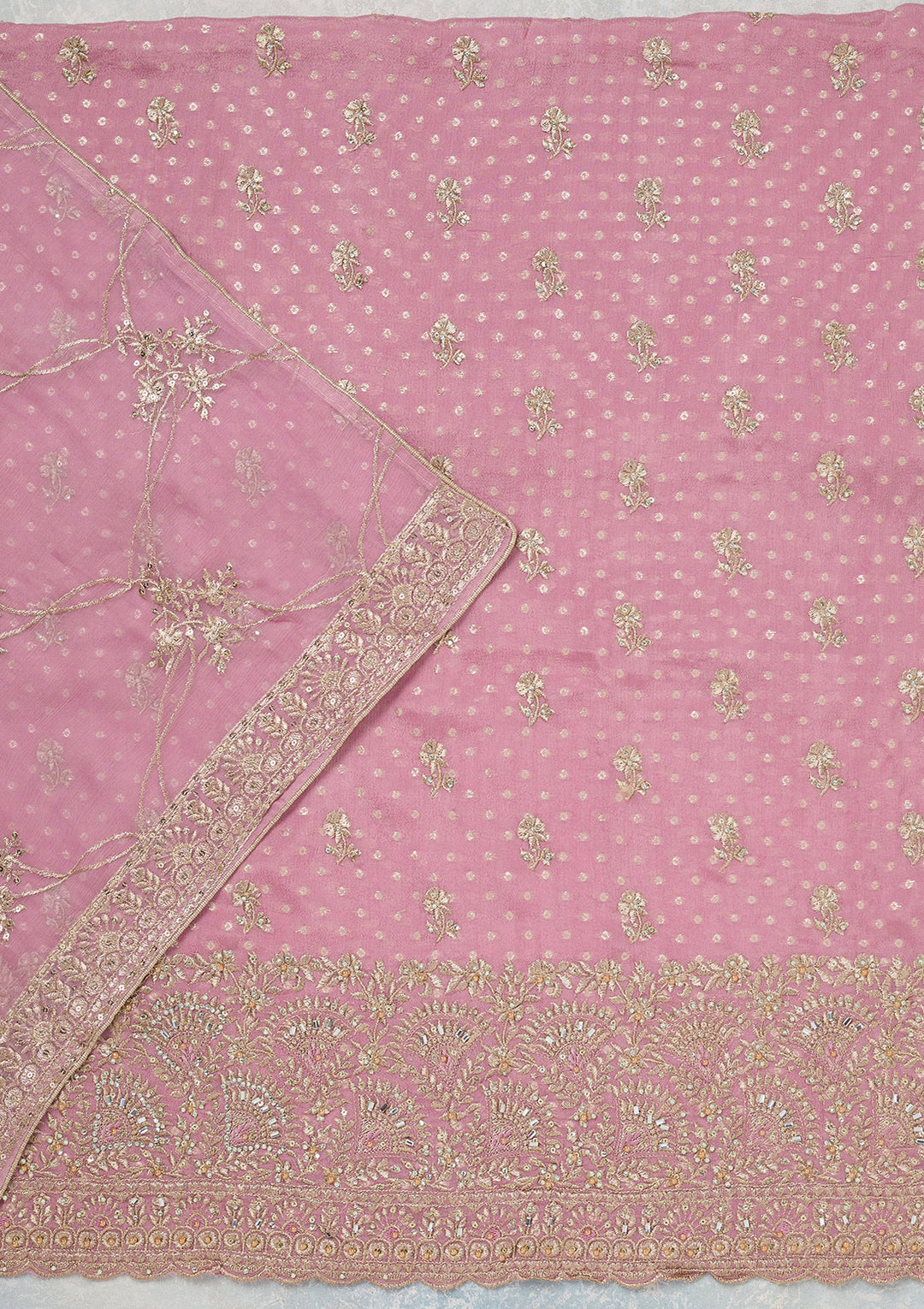 Lavender Chinon Gold Zariwork Unstitched Dress Material With Matching Bottom And Dupatta