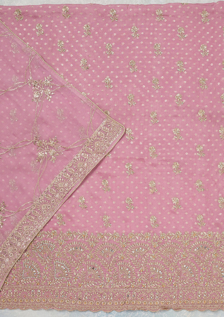 Lavender Chinon Gold Zariwork Unstitched Dress Material With Matching Bottom And Dupatta
