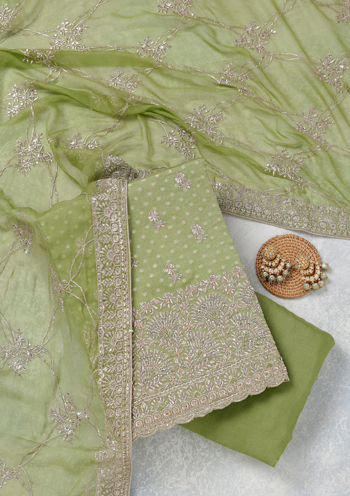 Parrot Green Chinon Gold Zariwork Unstitched Dress Material With Matching Bottom And Dupatta