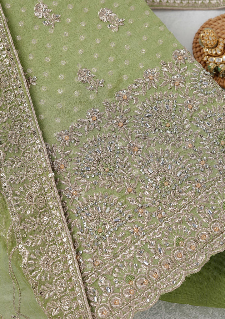 Parrot Green Chinon Gold Zariwork Unstitched Dress Material With Matching Bottom And Dupatta