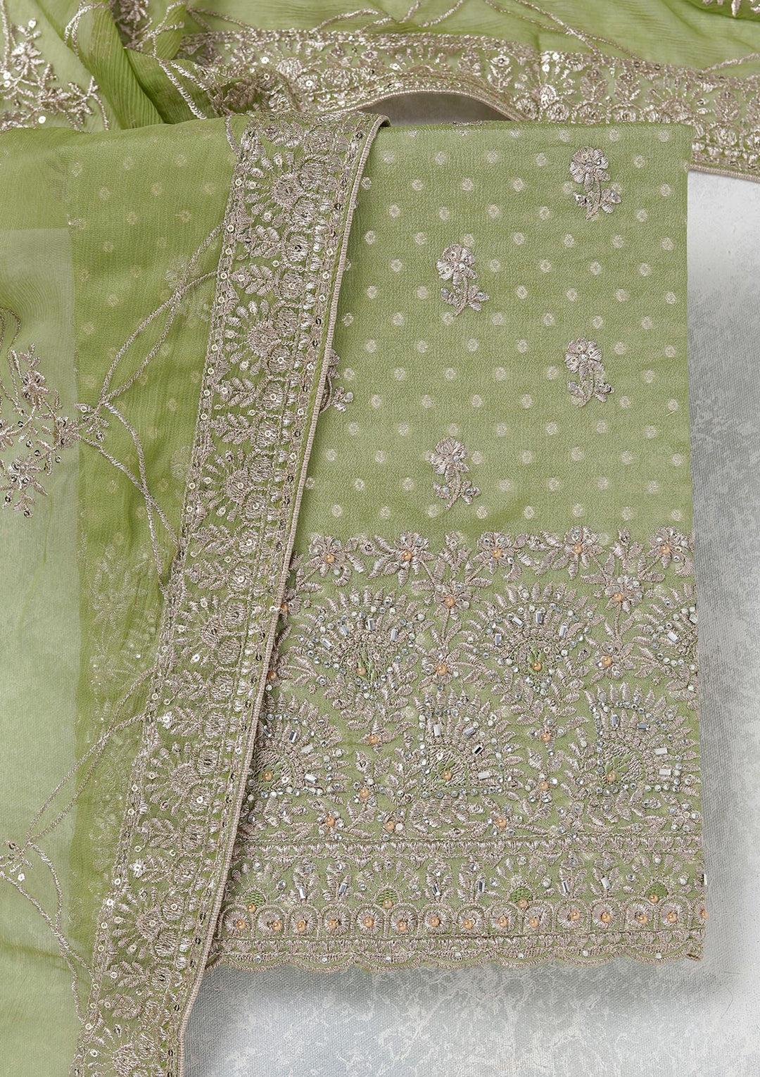 Parrot Green Chinon Gold Zariwork Unstitched Dress Material With Matching Bottom And Dupatta