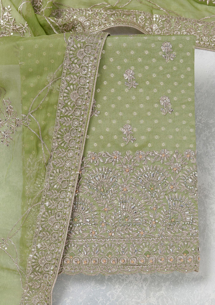 Parrot Green Chinon Gold Zariwork Unstitched Dress Material With Matching Bottom And Dupatta