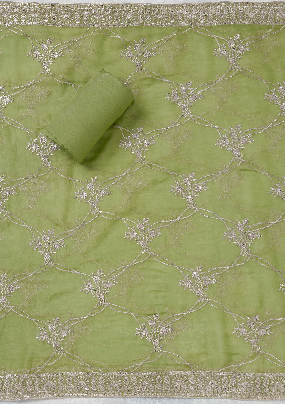Parrot Green Chinon Gold Zariwork Unstitched Dress Material With Matching Bottom And Dupatta