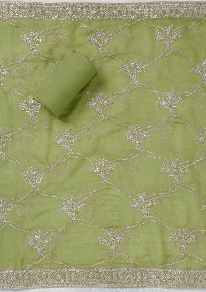 Parrot Green Chinon Gold Zariwork Unstitched Dress Material With Matching Bottom And Dupatta