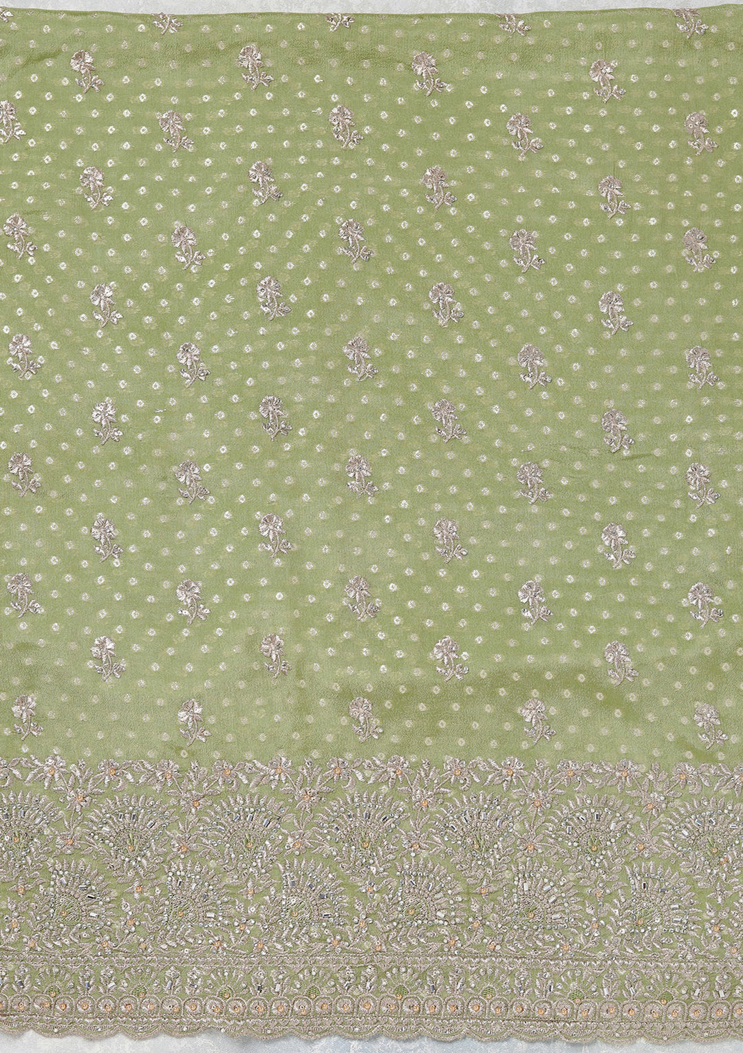 Parrot Green Chinon Gold Zariwork Unstitched Dress Material With Matching Bottom And Dupatta