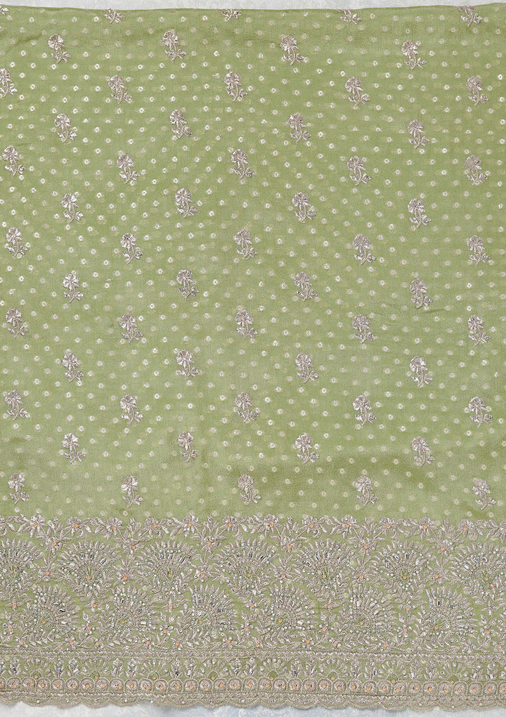 Parrot Green Chinon Gold Zariwork Unstitched Dress Material With Matching Bottom And Dupatta