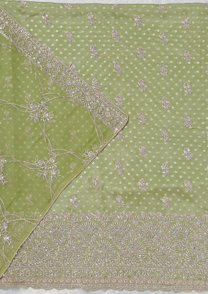 Parrot Green Chinon Gold Zariwork Unstitched Dress Material With Matching Bottom And Dupatta