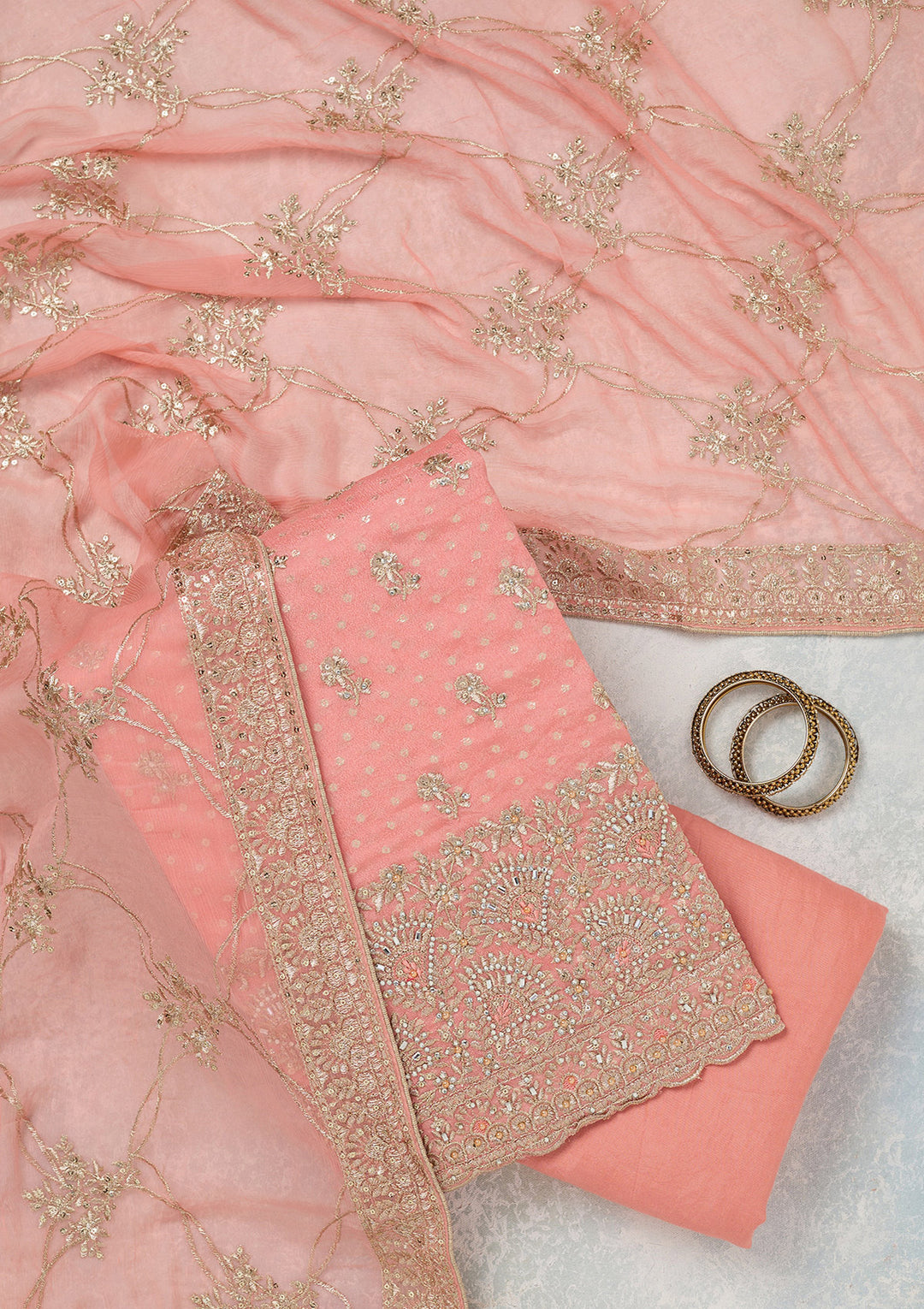 Peach Zariwork (Gold) Chinon Unstitched Salwar Suit