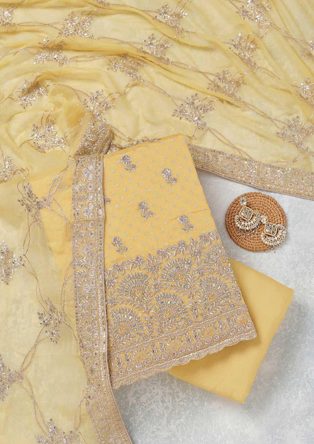 Yellow Chinon Gold Zariwork Unstitched Dress Material With Matching Bottom And Dupatta