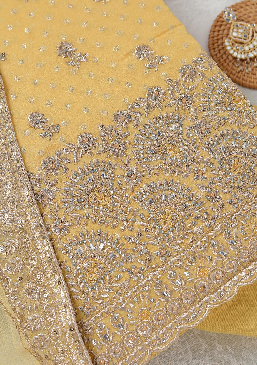 Yellow Chinon Gold Zariwork Unstitched Dress Material With Matching Bottom And Dupatta