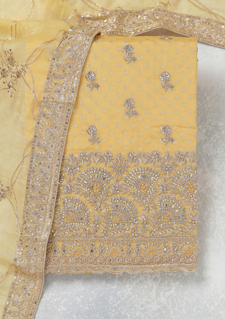 Yellow Chinon Gold Zariwork Unstitched Dress Material With Matching Bottom And Dupatta