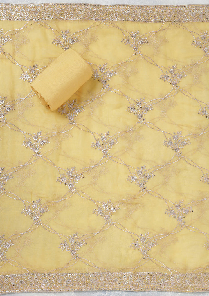 Yellow Chinon Gold Zariwork Unstitched Dress Material With Matching Bottom And Dupatta