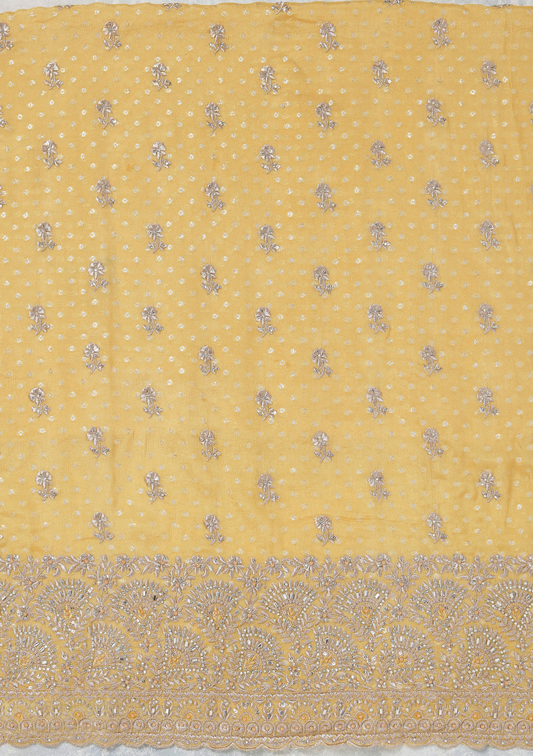 Yellow Chinon Gold Zariwork Unstitched Dress Material With Matching Bottom And Dupatta