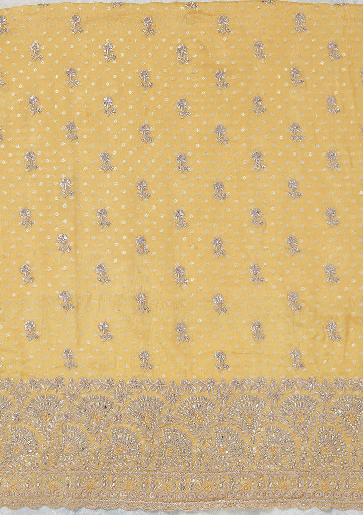 Yellow Chinon Gold Zariwork Unstitched Dress Material With Matching Bottom And Dupatta