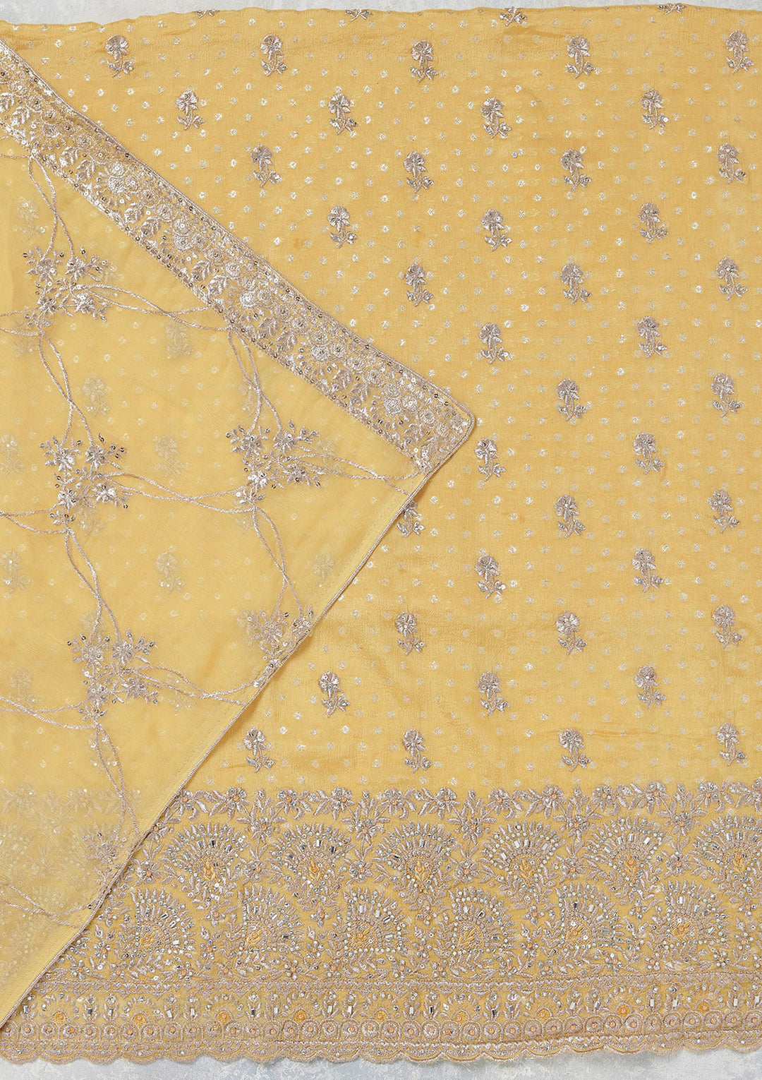 Yellow Chinon Gold Zariwork Unstitched Dress Material With Matching Bottom And Dupatta