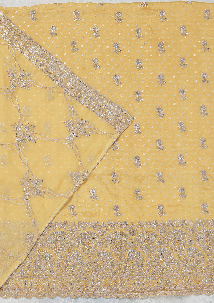 Yellow Chinon Gold Zariwork Unstitched Dress Material With Matching Bottom And Dupatta