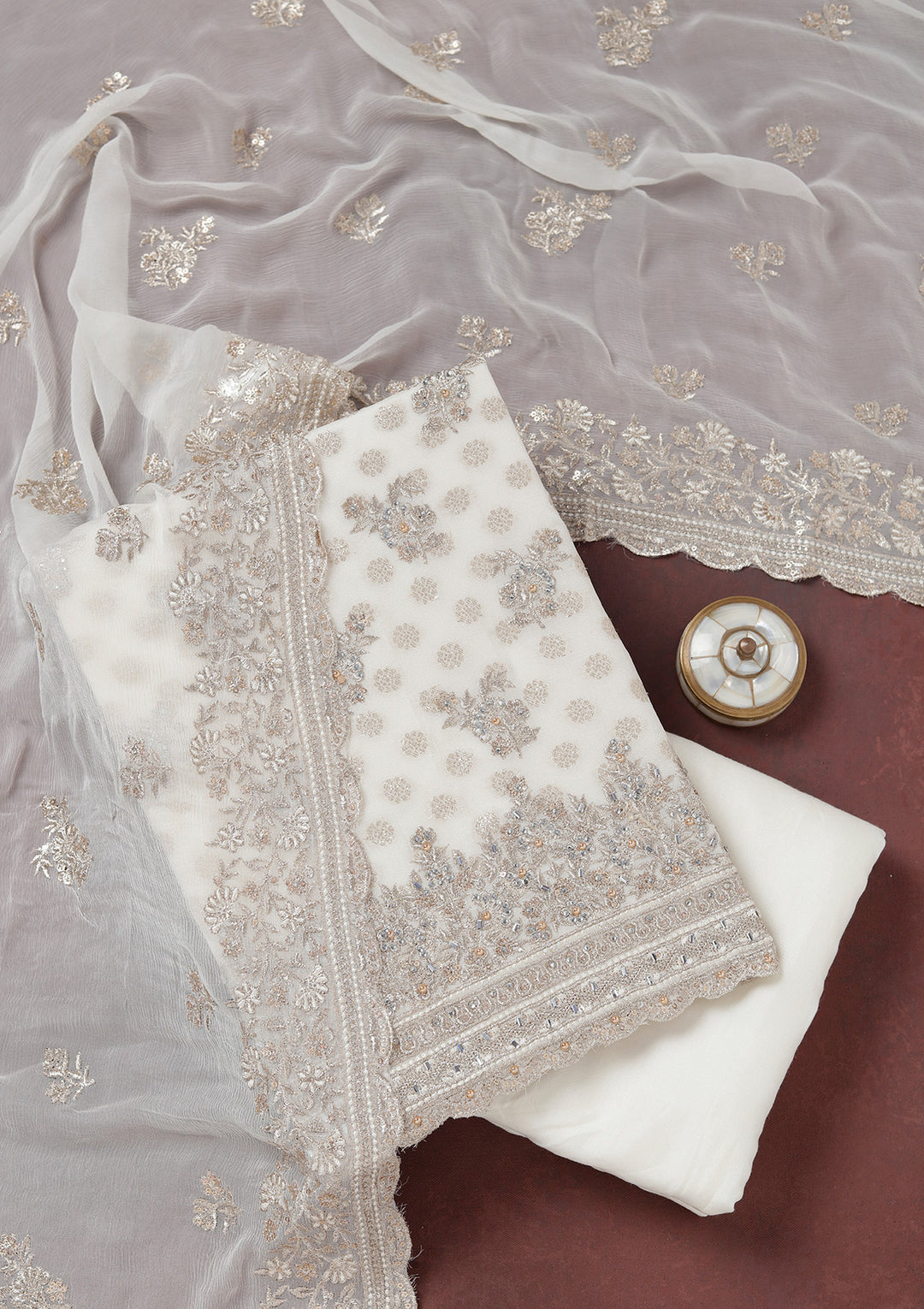 Off White Chinon Gold Zariwork Unstitched Dress Material With Matching Bottom And Dupatta