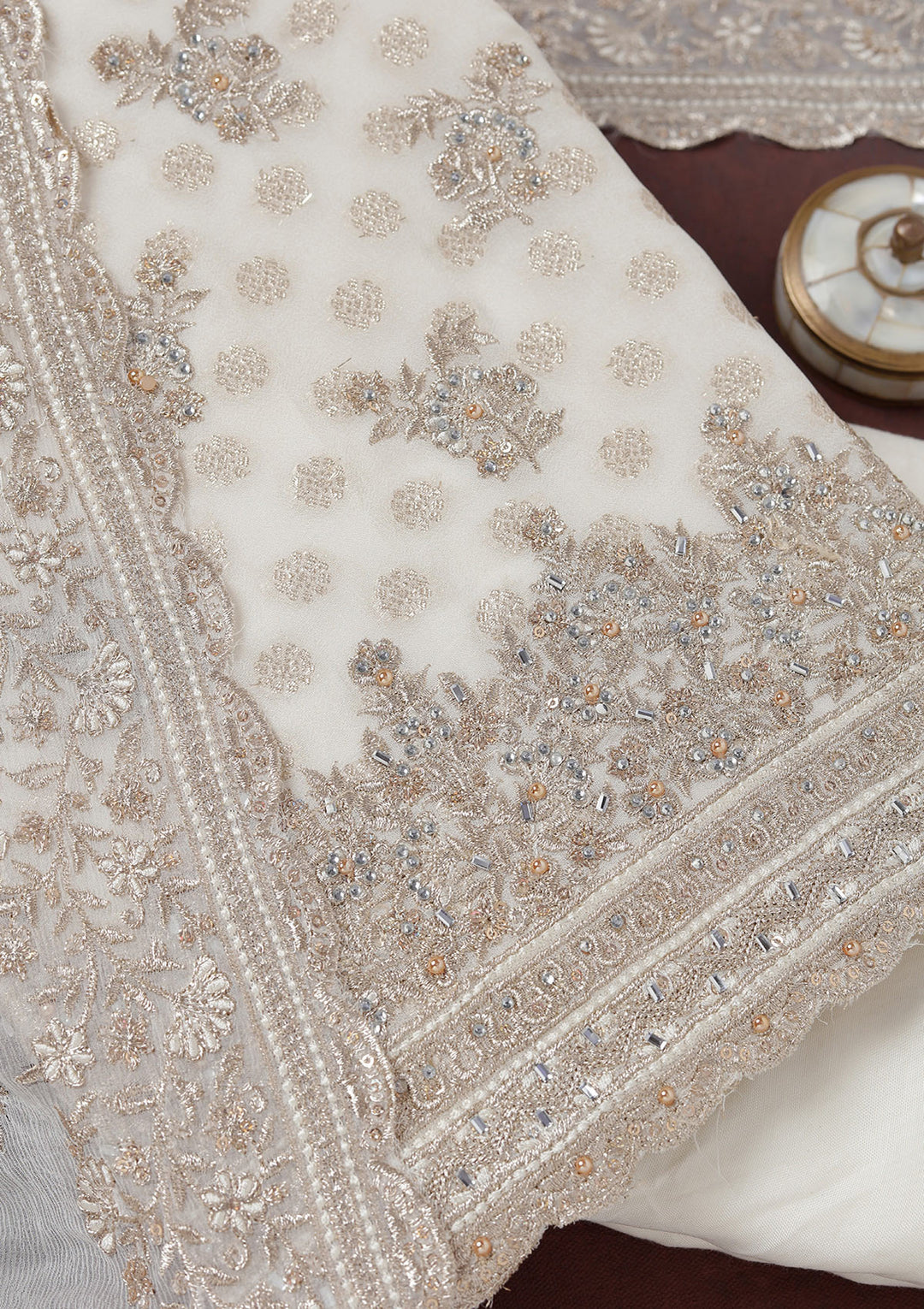 Off White Chinon Gold Zariwork Unstitched Dress Material With Matching Bottom And Dupatta