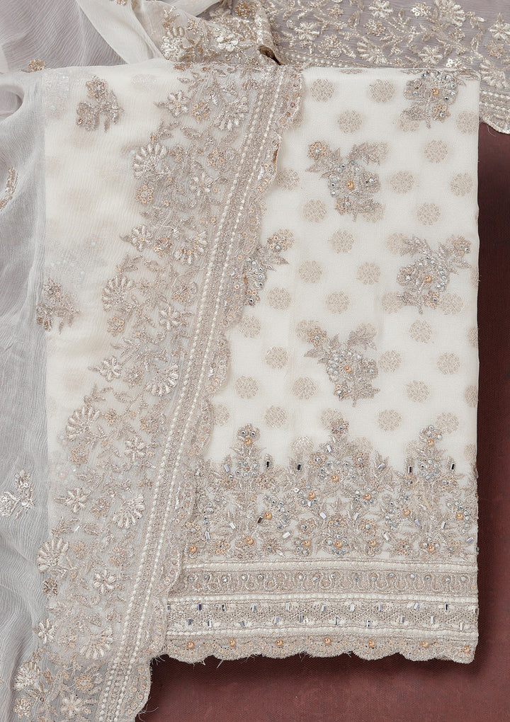 Off White Chinon Gold Zariwork Unstitched Dress Material With Matching Bottom And Dupatta