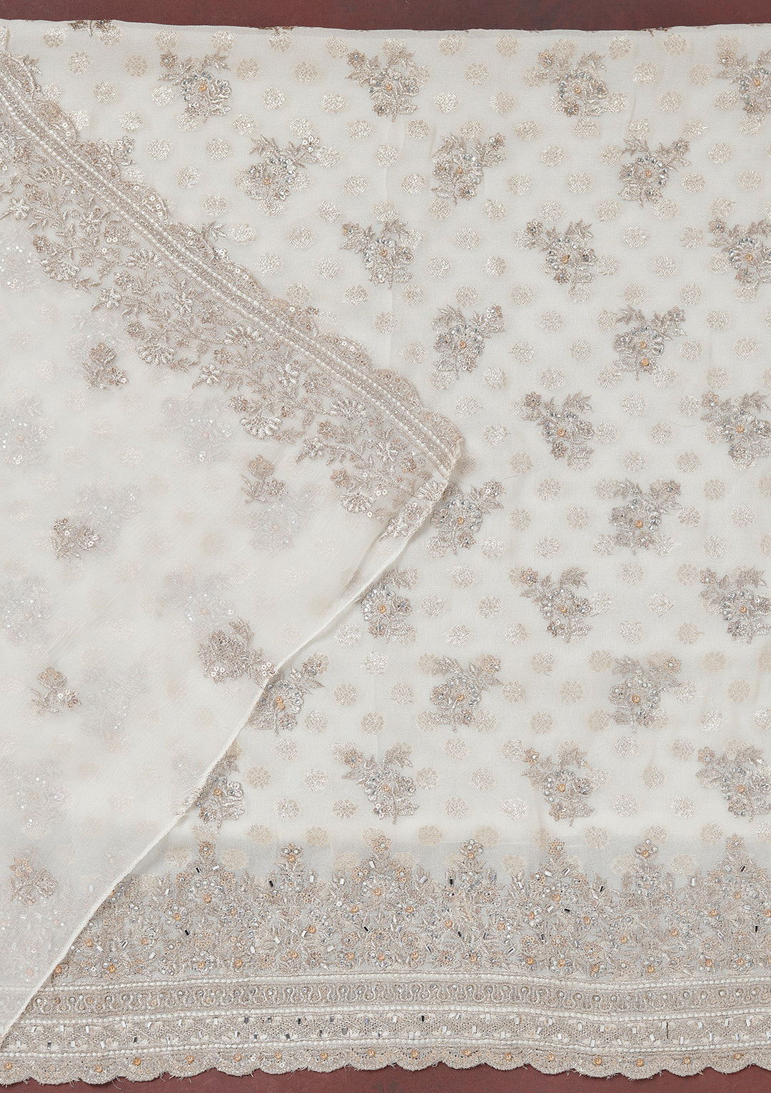 Off White Chinon Gold Zariwork Unstitched Dress Material With Matching Bottom And Dupatta