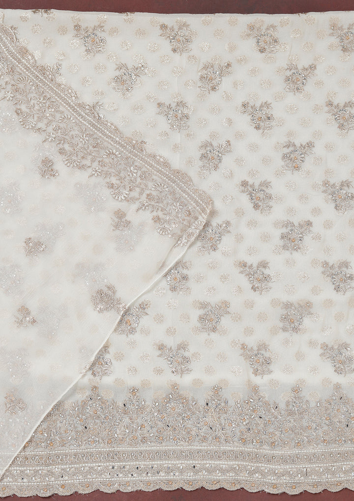 Off White Chinon Gold Zariwork Unstitched Dress Material With Matching Bottom And Dupatta