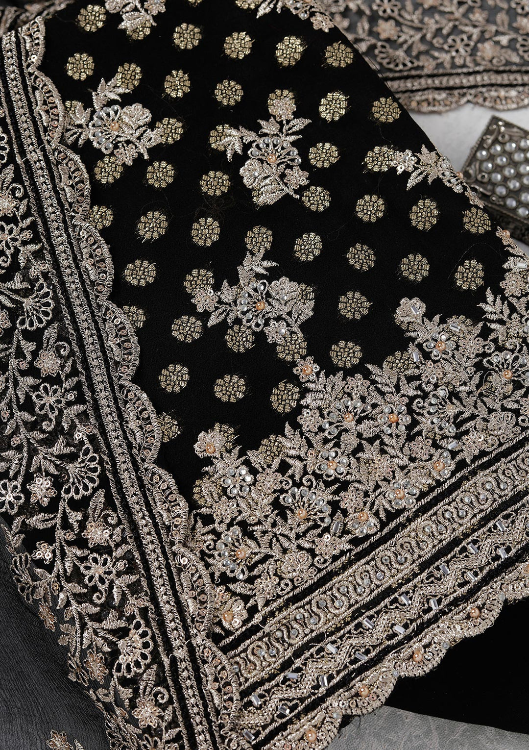 Black Zariwork (Gold) Chinon Unstitched Salwar Suit