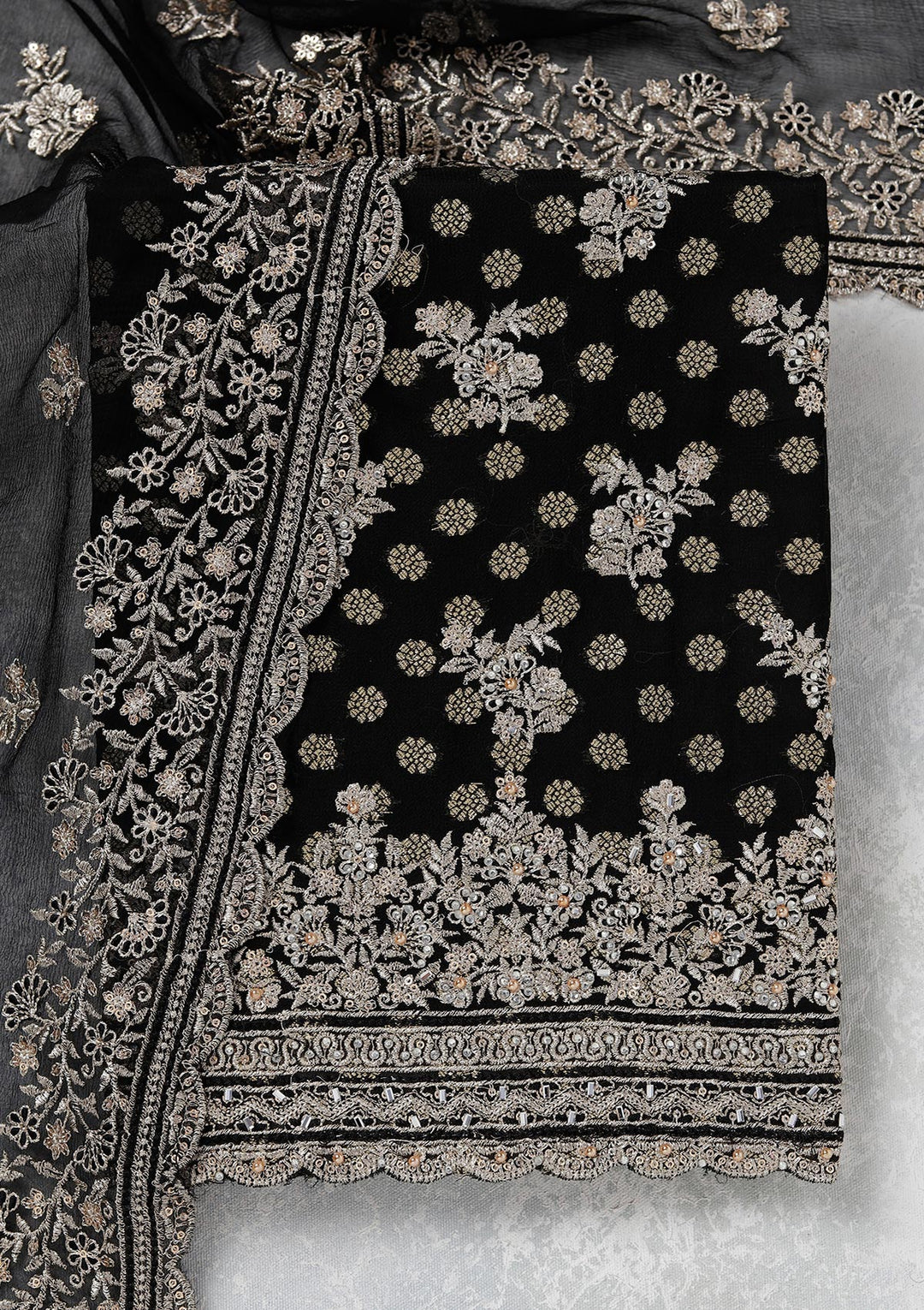 Black Zariwork (Gold) Chinon Unstitched Salwar Suit