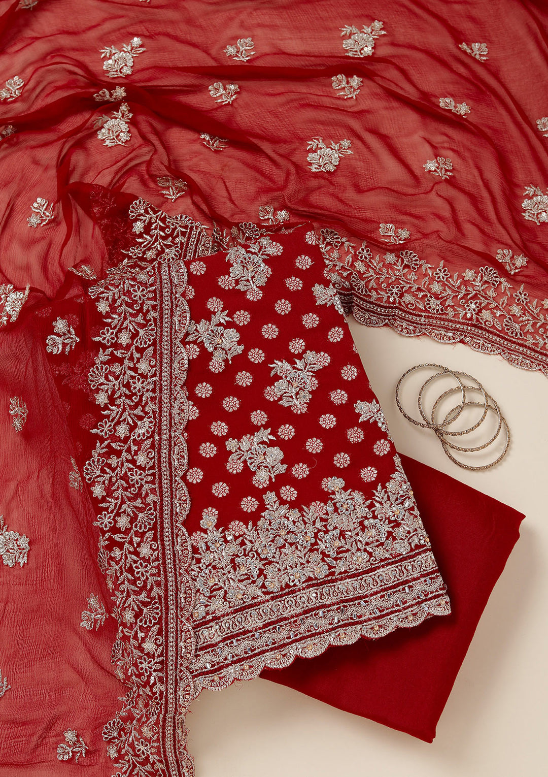 Maroon Chinon Gold Zariwork Unstitched Dress Material With Matching Bottom And Dupatta