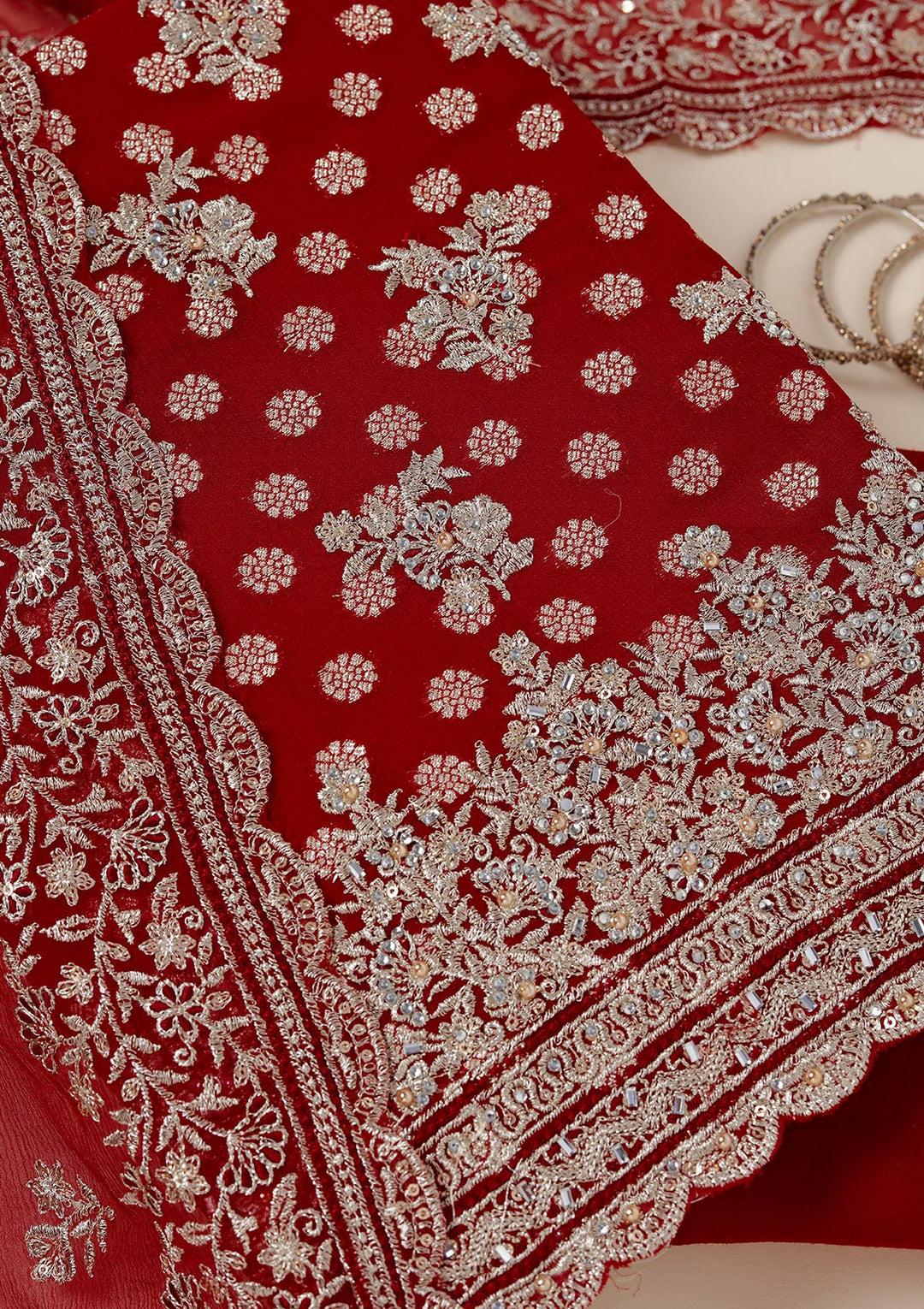 Maroon Chinon Gold Zariwork Unstitched Dress Material With Matching Bottom And Dupatta